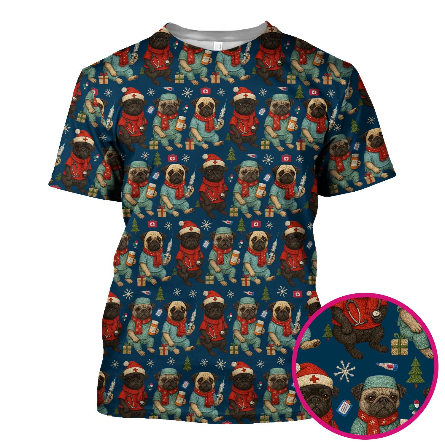 Christmas Pug Nurse Scrub Top, Cute Holiday Dog Medical Uniform Shirt For Nursing
