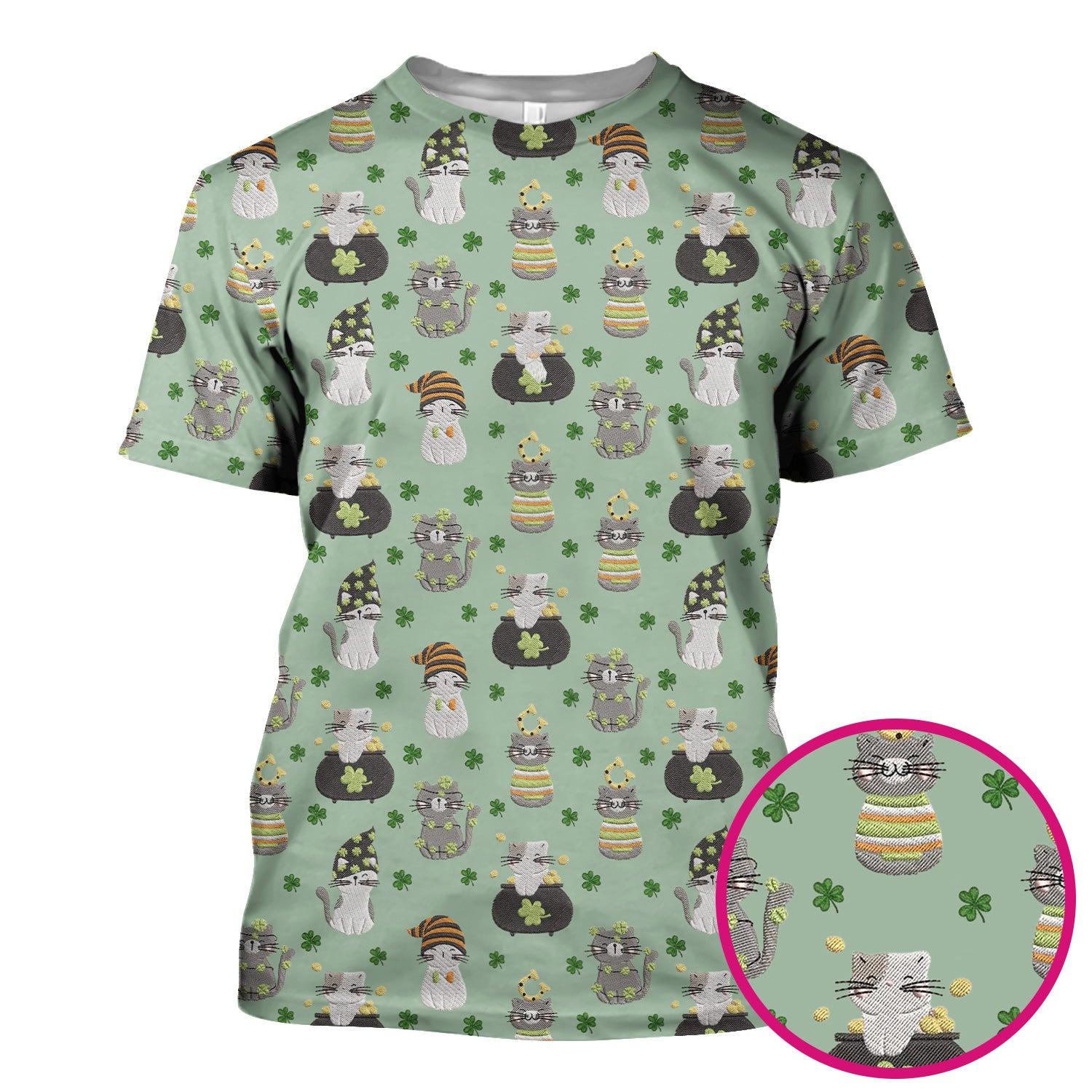 St. Patrick’s Day Scrub Top, Lucky Cat With Shamrock Pattern Shirt, Breathable Fabrics Nursing Uniform