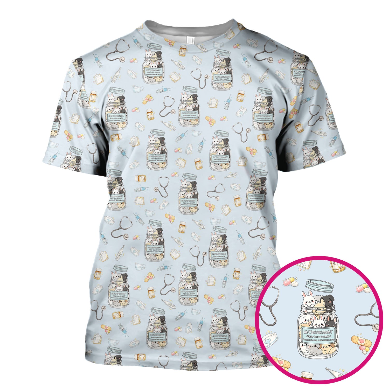 Whimsical Antidepressant Rabbit Jar Design Nurse Scrub Top, Soft & Breathable Workwear