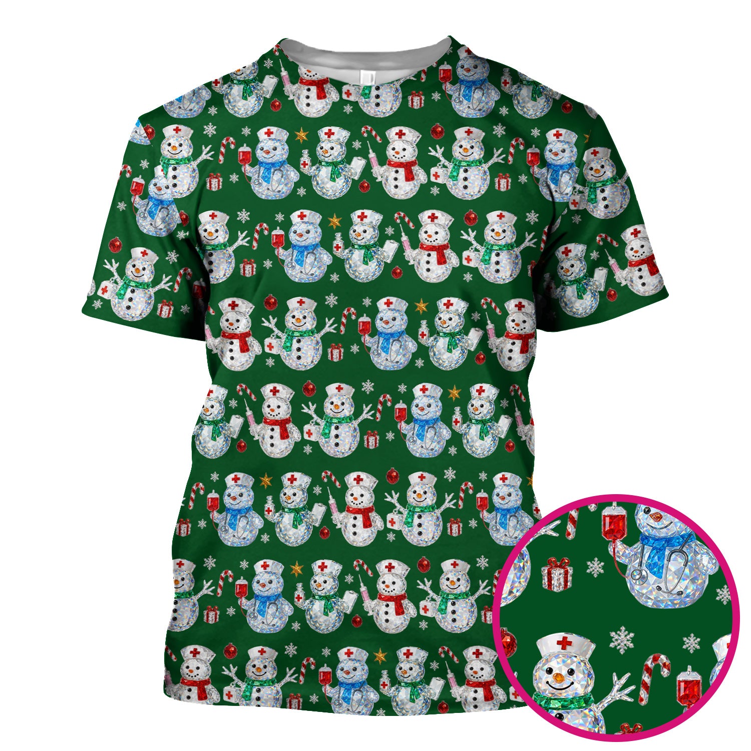 Nurse Snowman Christmas Scrub Top, Cute Holiday Medical Pattern Shirt For Women, Winter Snowflake Nursing Uniform