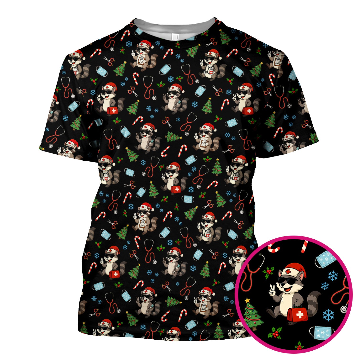Cute Raccoon Christmas Scrub Top - Santa Hat and Stethoscope Pattern Nurse Scrubs - Funny Holiday Medical Shirt Gift for RN CNA LPN