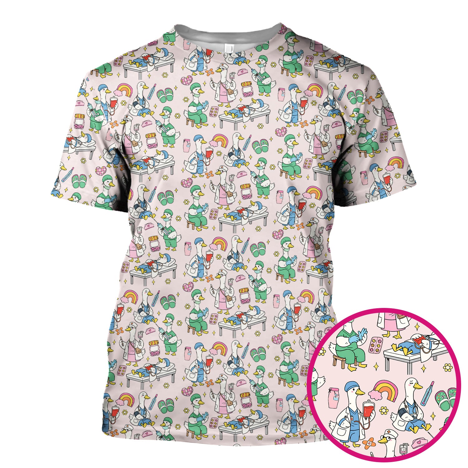 Funny Nurse Duck Medical Doodle Pattern Scrub Top, Comfortable Nurse Workwear Top