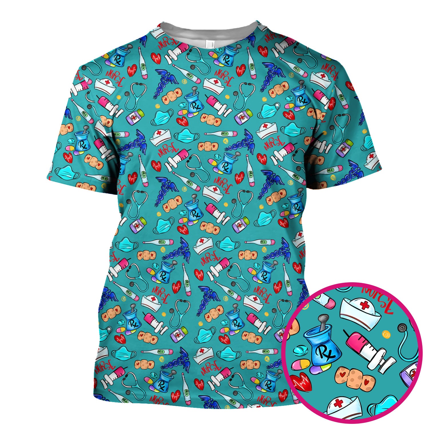 Nurse Medical Icons Stethoscope Heart Pattern Scrub Top, Comfortable Scrubs for Nurses