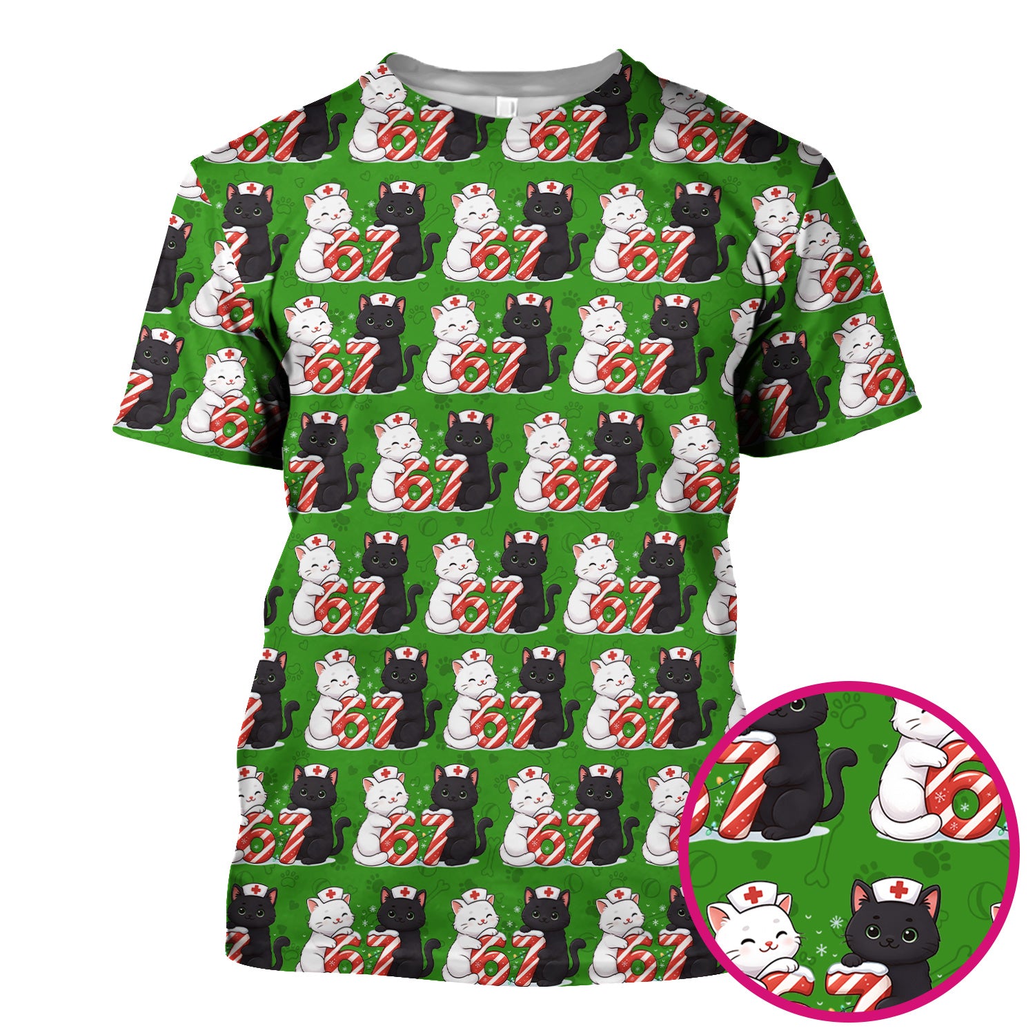 Xmas Cat Pattern Scrub Top, Christmas Nurse Six Seven With Cat Scrub Shirt, Breathable Fabrics Nursing Uniform