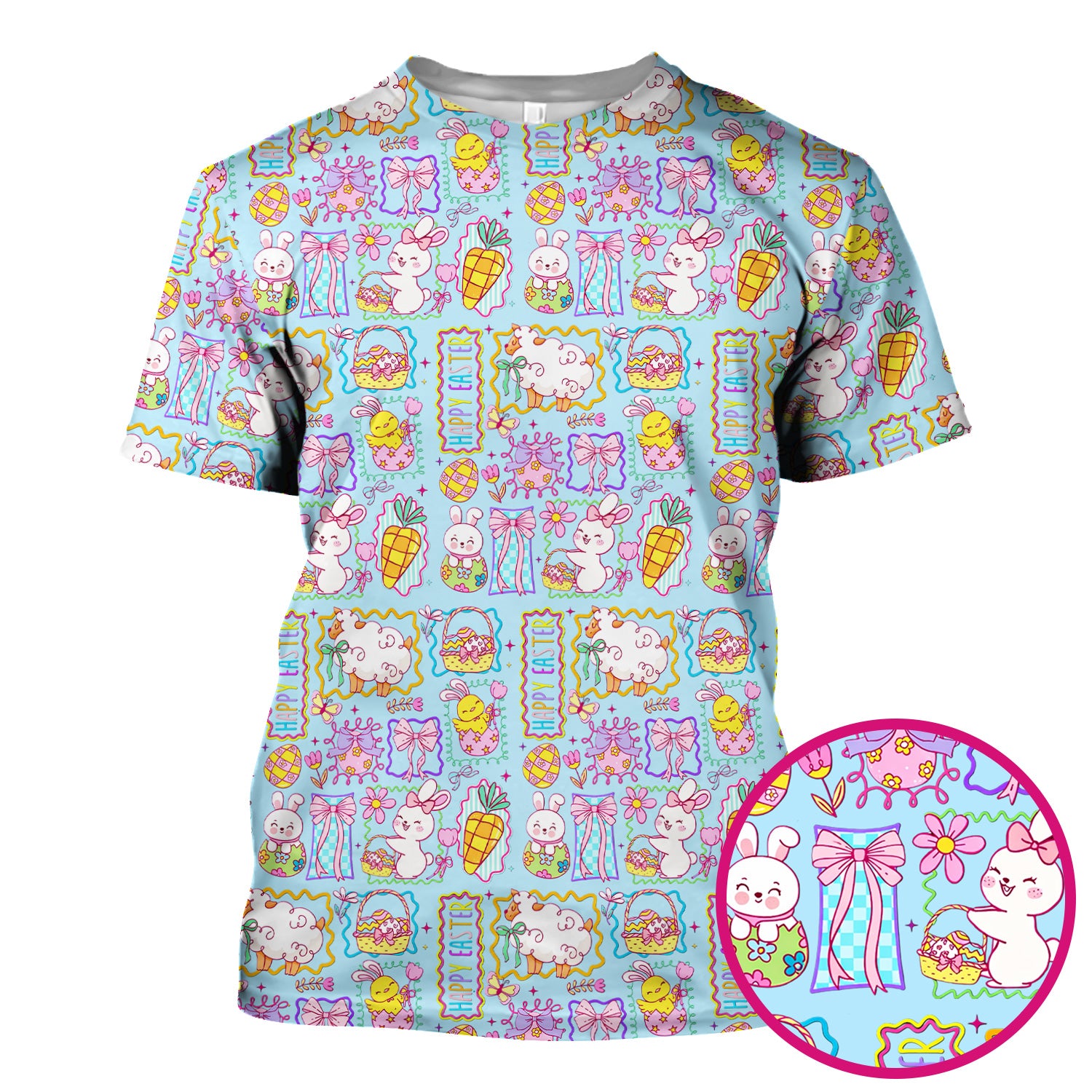 Cute Easter Bunny Egg and Bow Print Scrub Top, Breathable Fabrics Nursing Uniform