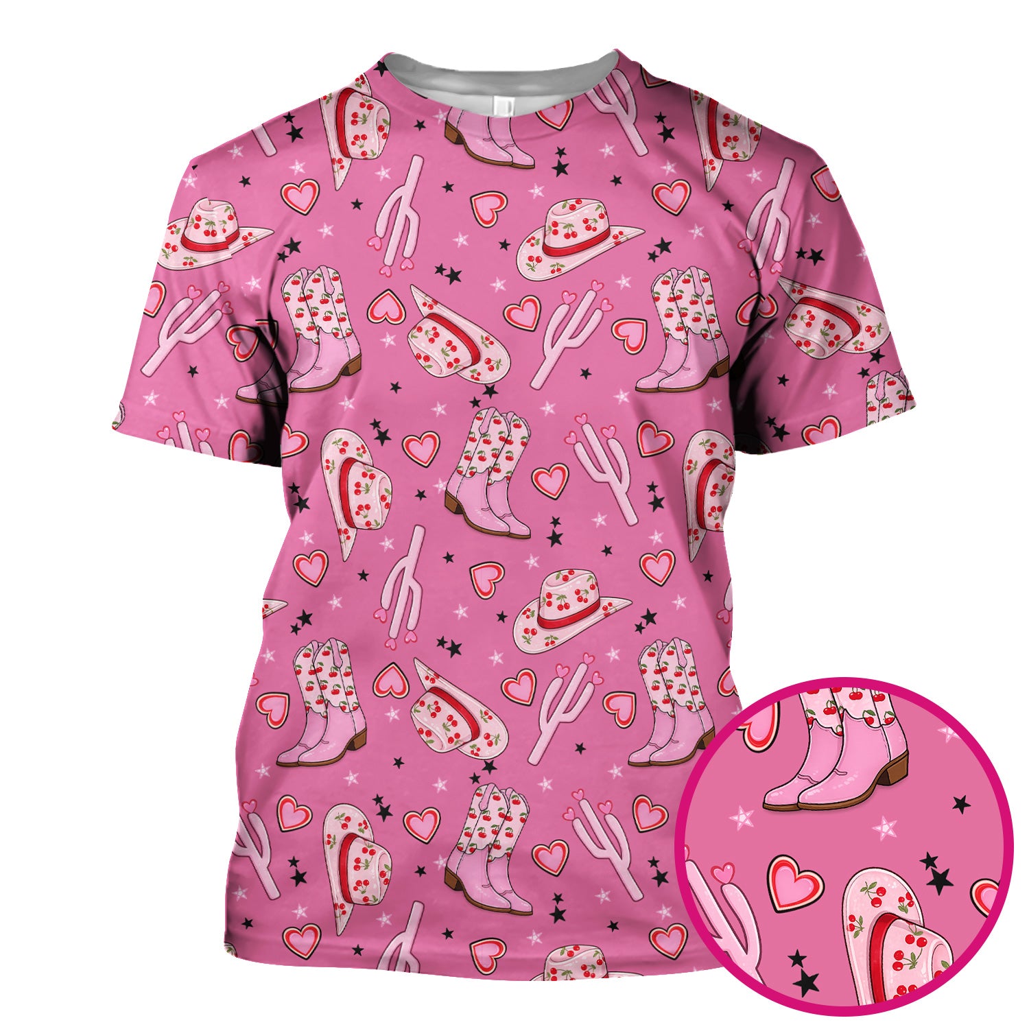 Pink Cowgirl Western Boots Hat Pattern Scrub Top, Breathable Medical Uniform Top