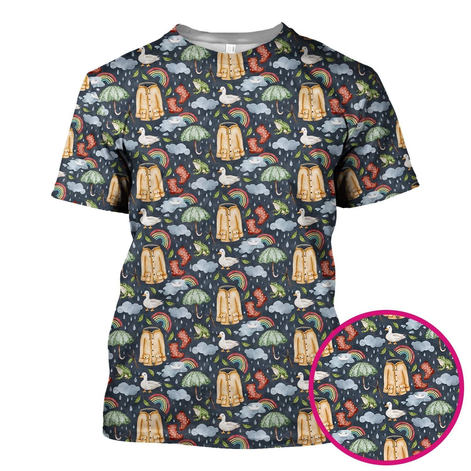 Cute Rainy Day Ducks & Frog Rainbow Pattern Scrub Top, Colorful Gothic Nurse Scrubs Uniform