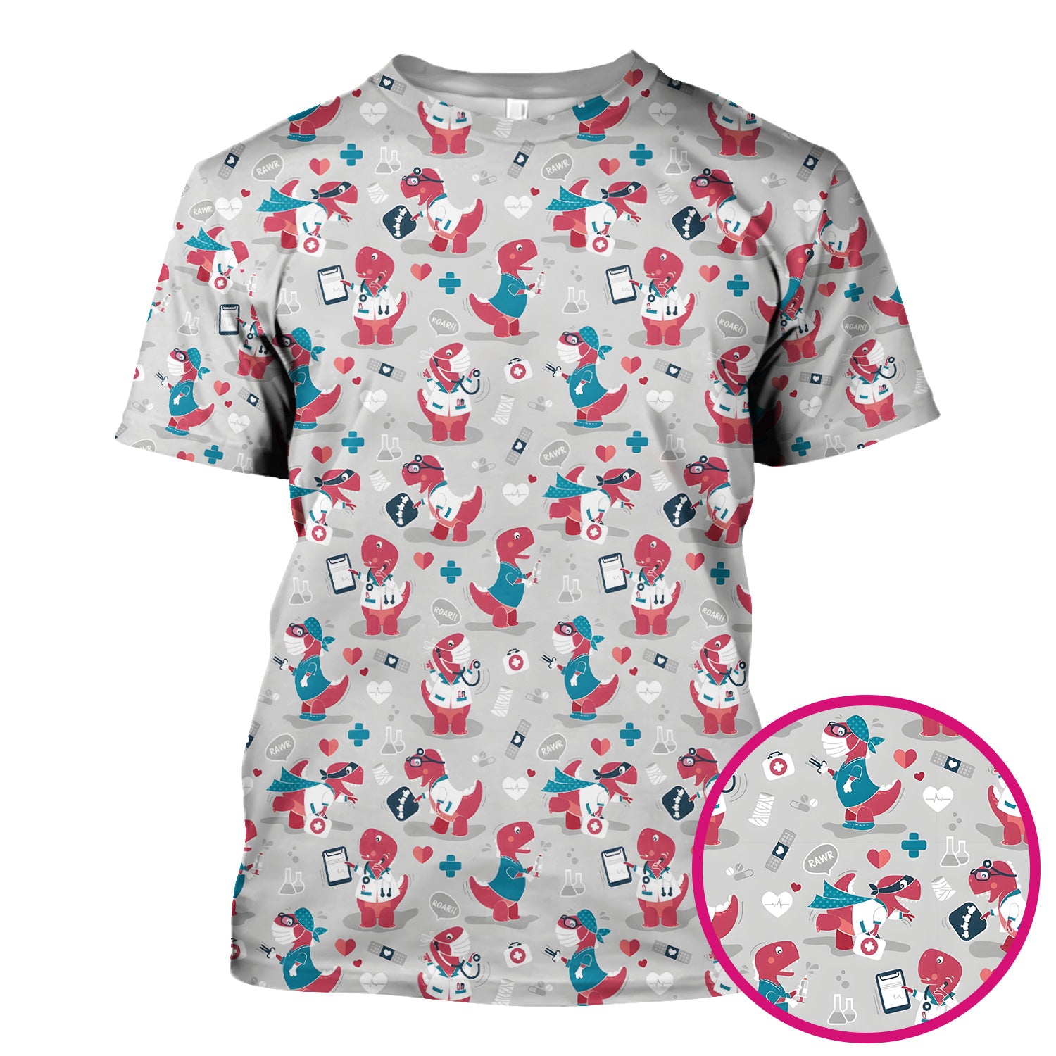 Cute Dinosaur Doctor Medical Pattern Scrub Top, Breathable Fabrics Nursing Uniform