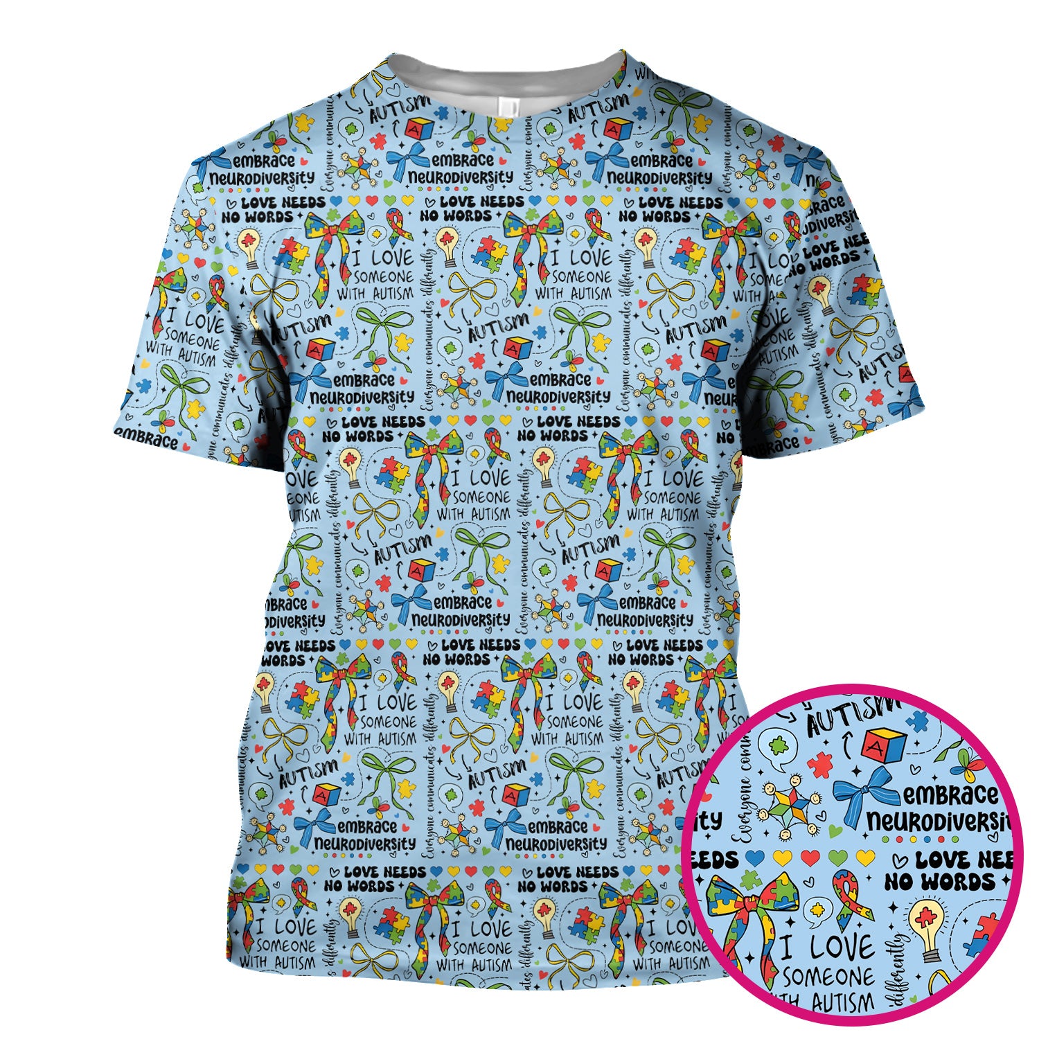 Autism Awareness Puzzle Ribbon Pattern Scrub Top, Breathable Fabrics Nursing Uniform
