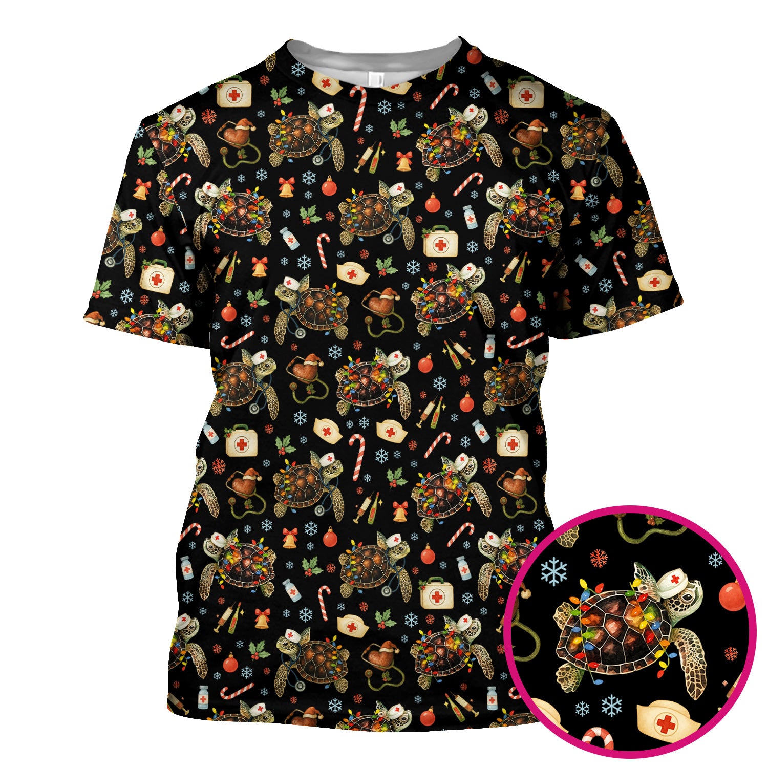 Funny Christmas Scrub Top - Sea Turtle with Xmas Lights Shirt - Holiday Nurse Scrubs for Women