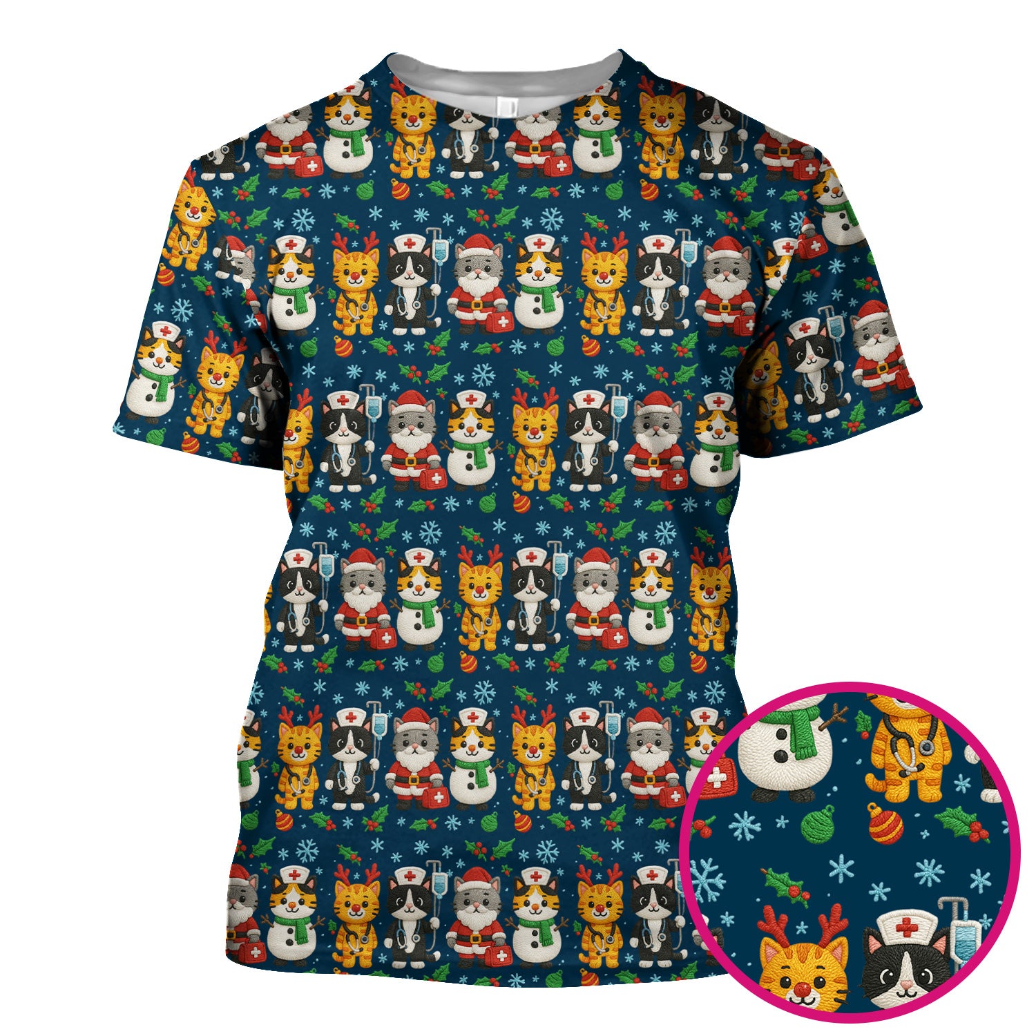 Christmas Cat Nurse Pattern Scrub Top, Cute Holiday Kitty Medical Uniform Shirt For Nursing