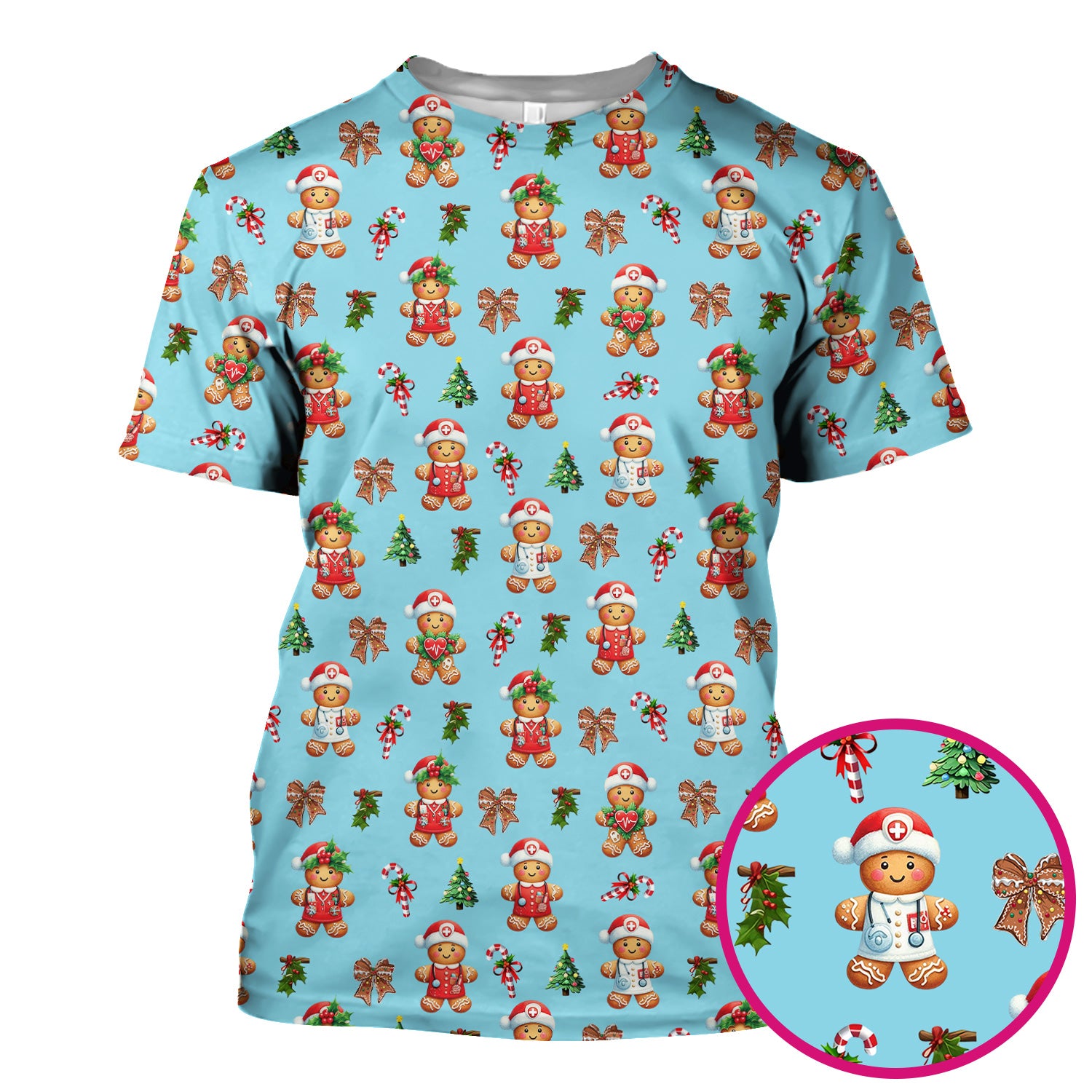 Funny Gingerbread Christmas Scrub Top - Cute Cookie with Bow Shirt - Festive Holiday Scrubs for Women