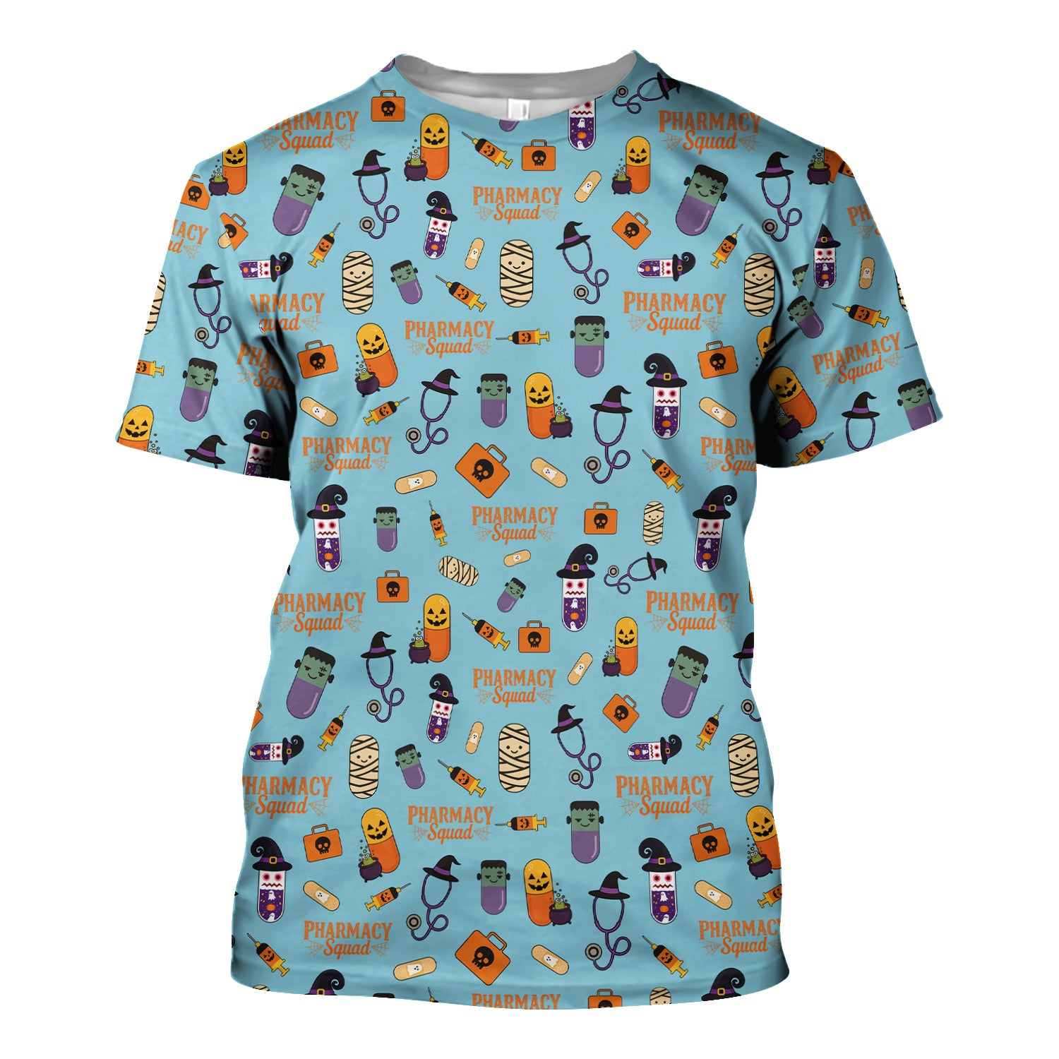 Halloween Pharmacy Squad Scrub Top - Funny Medical Pattern Scrubs for Women - Cute Halloween Pill and Witch Print Shirt for Pharmacists