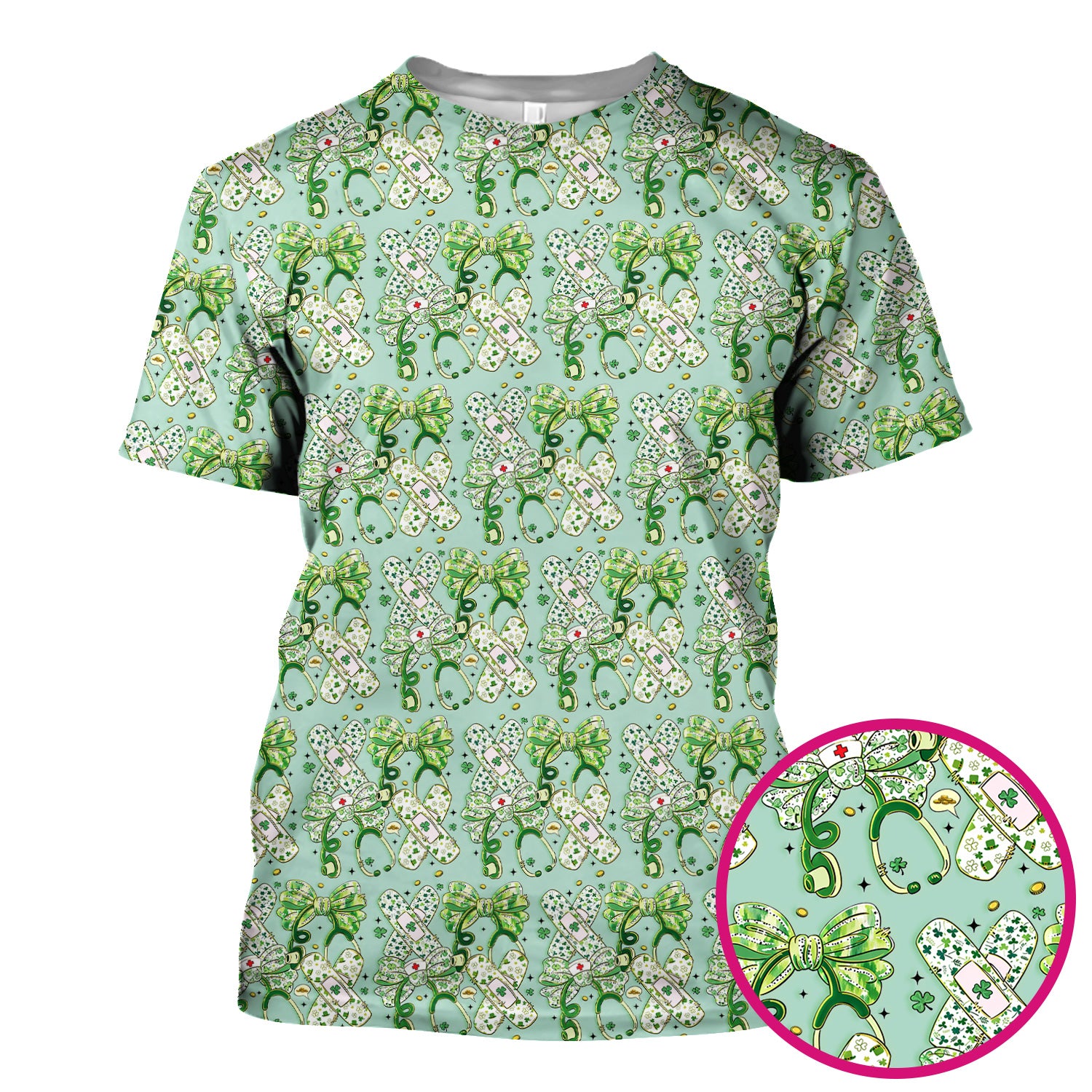 St Patrick Shamrock Stethoscope Bow Print Scrub Top, Breathable Fabrics Nursing Uniform