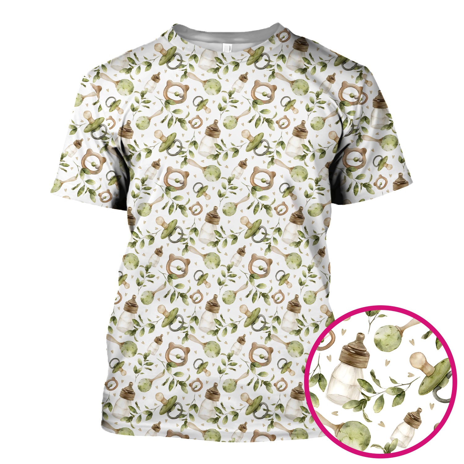 Cute Baby Bottle and Greenery Pattern Scrub Top, Breathable Fabrics Nursing Uniform