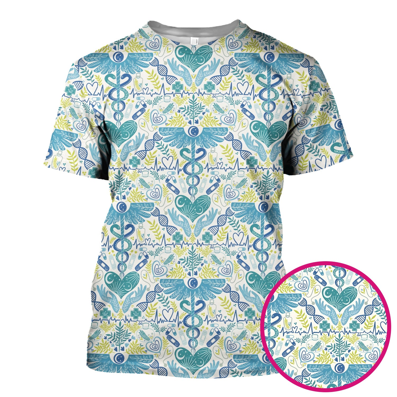 Inspirational Botanical Medical Caduceus Heart Nurse Pattern Scrub Top, Breathable Fabrics Nursing Uniform