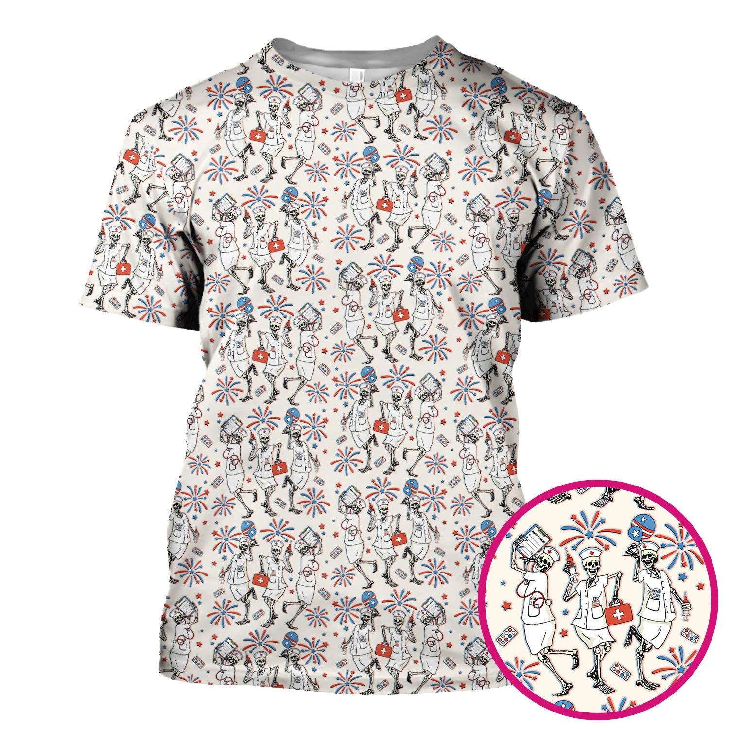 Funny Skeleton Nurse Patriotic Print Scrub Top, Halloween USA Fireworks Nursing Uniform for Women