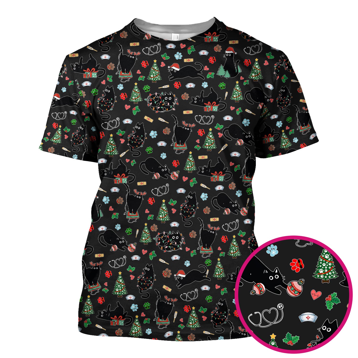 Black Cat Christmas Nurse Scrub Top, Festive Kitty Medical Uniform Shirt for Women