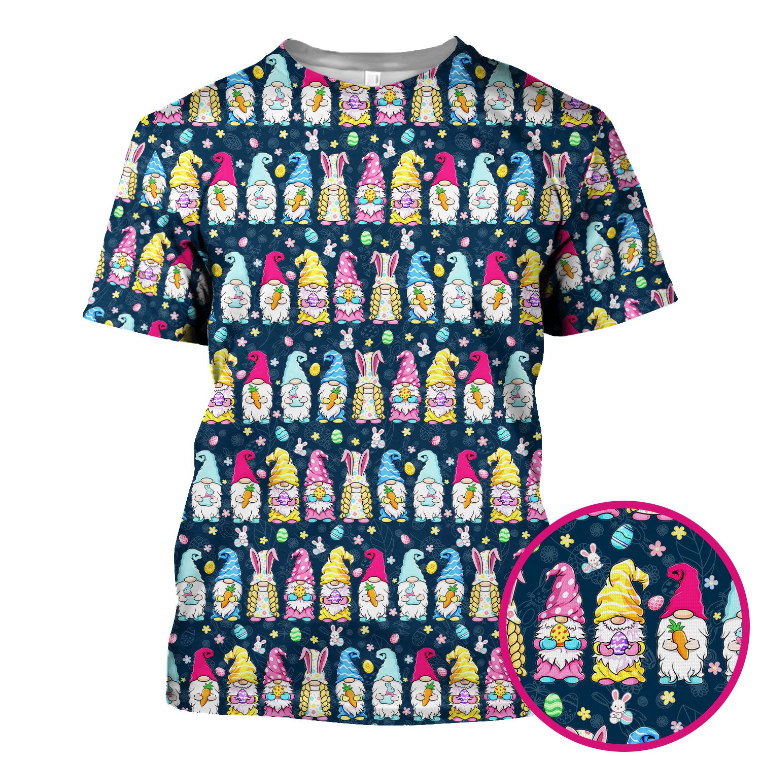 Colorful Easter Gnome Bunny Eggs Print Scrub Top, Comfortable Scrubs for Nurses