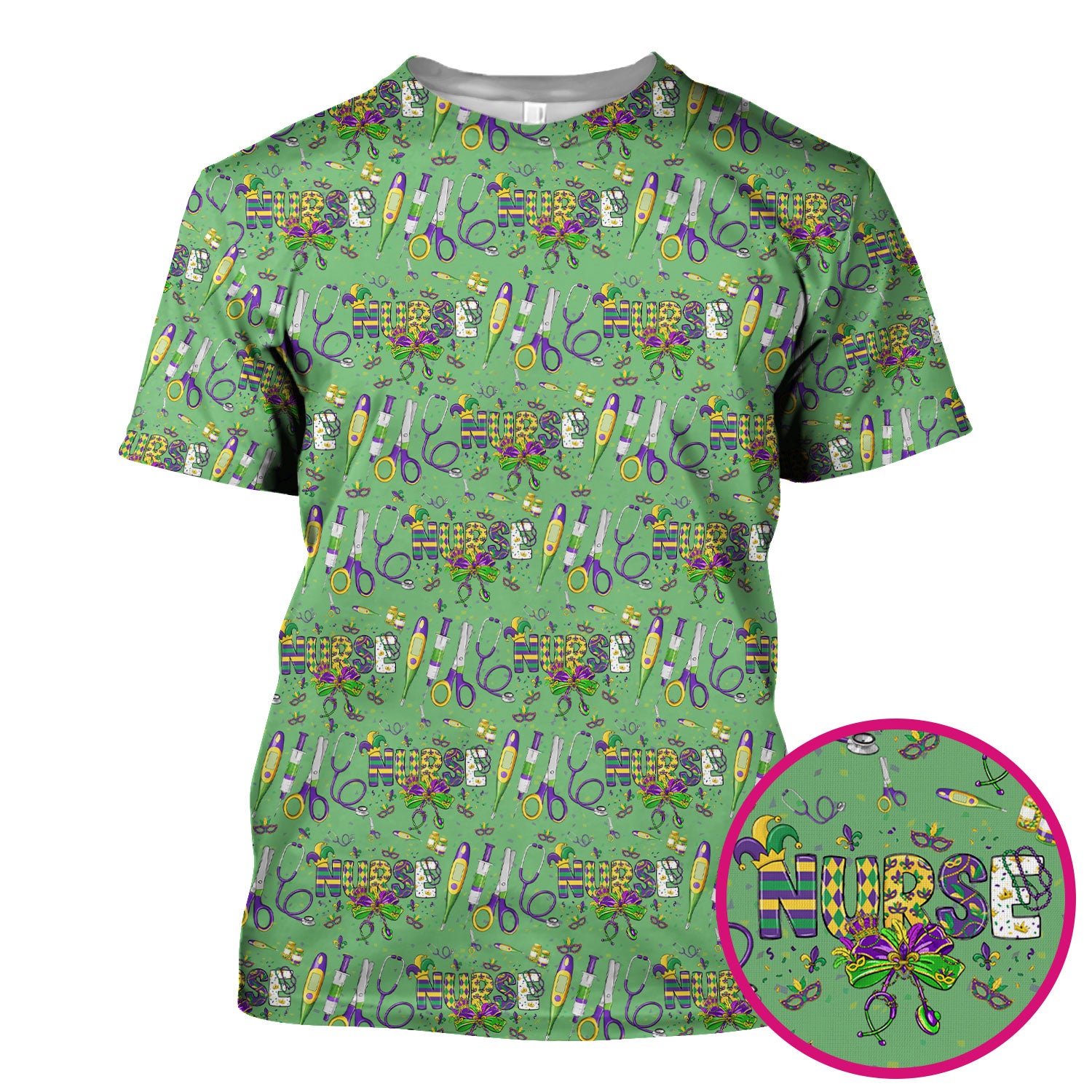 Mardi Gras Nurse Scrub Top, Holiday Medical Pattern Nurse Shirt, Breathable Fabrics Nursing Uniform
