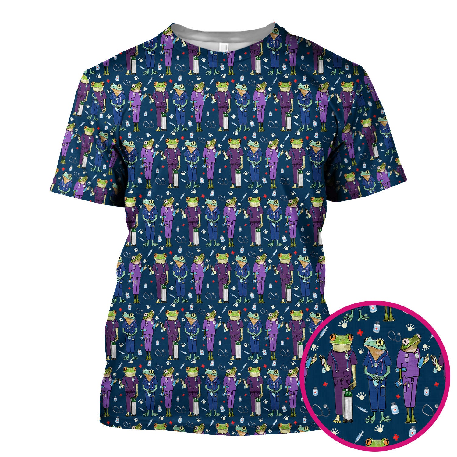 Funny Frog Nurse Pattern Scrub Top, Breathable Healthcare Uniform Top