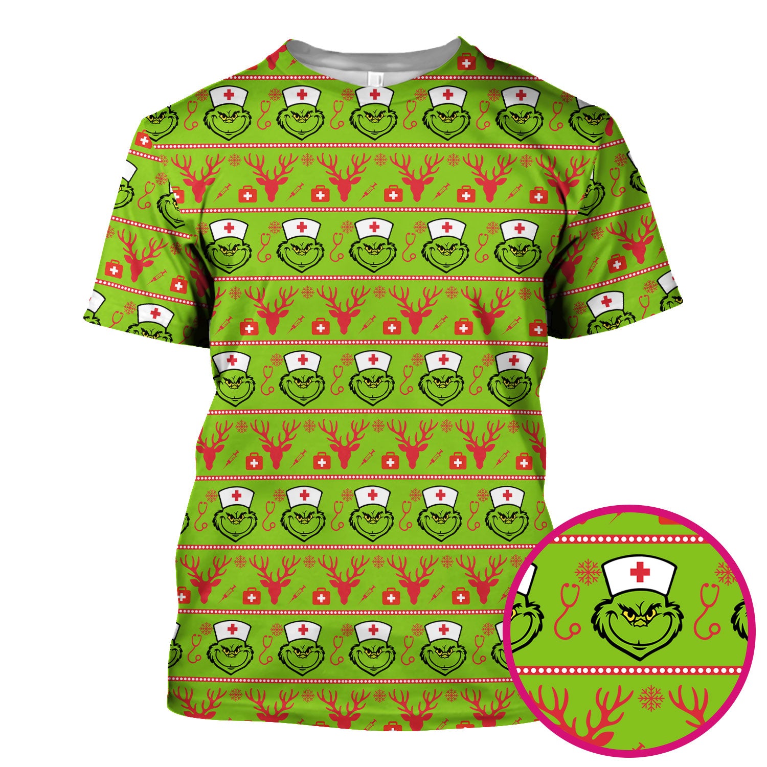 Funny Grinch Nurse Scrubs Top - Ugly Christmas Sweater Style Scrub Shirt - Holiday Nursing Workwear for Women