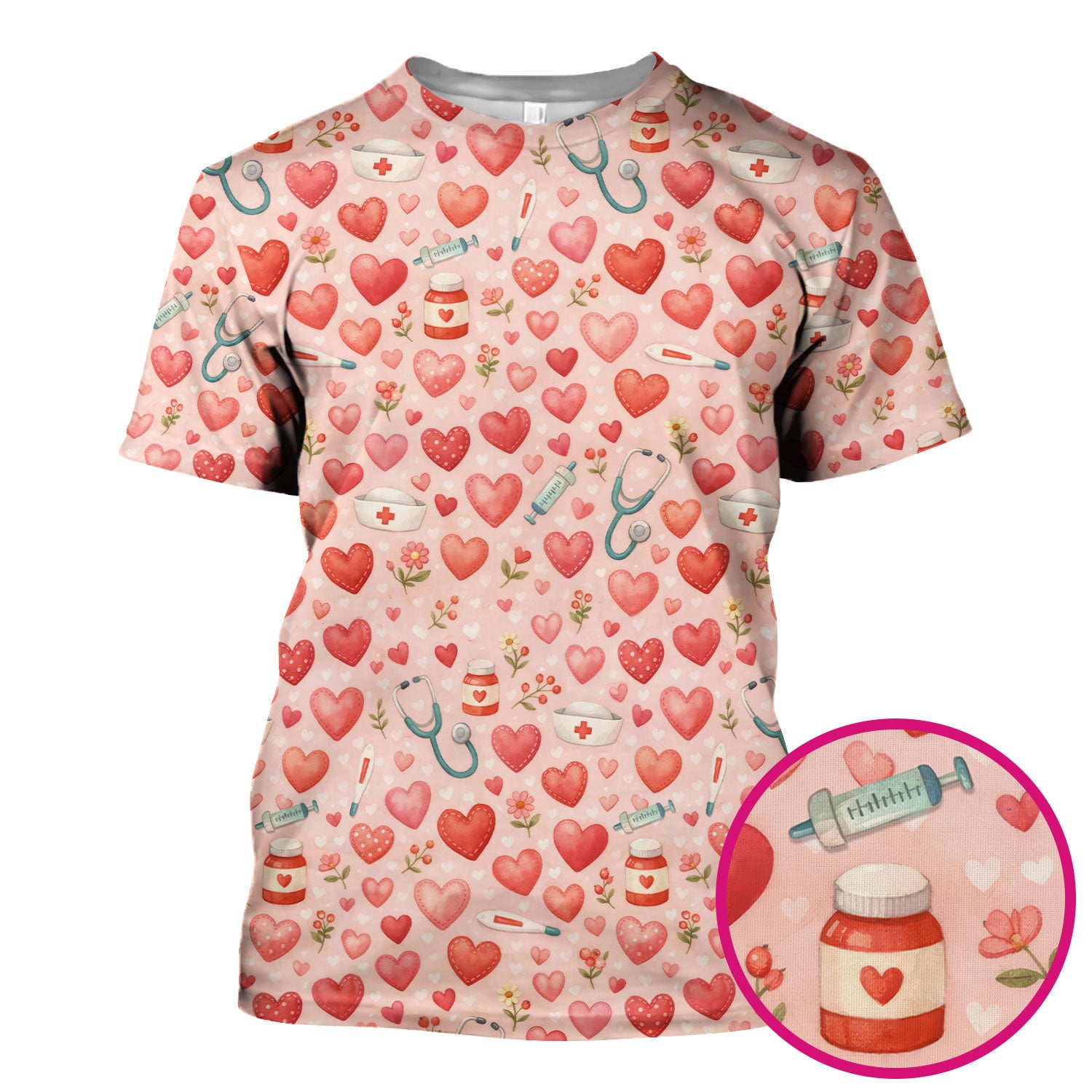 Cute Medical Heart Pattern Scrub Top, Valentine Nurse Scrub Shirt, Breathable Fabrics Nursing Uniform