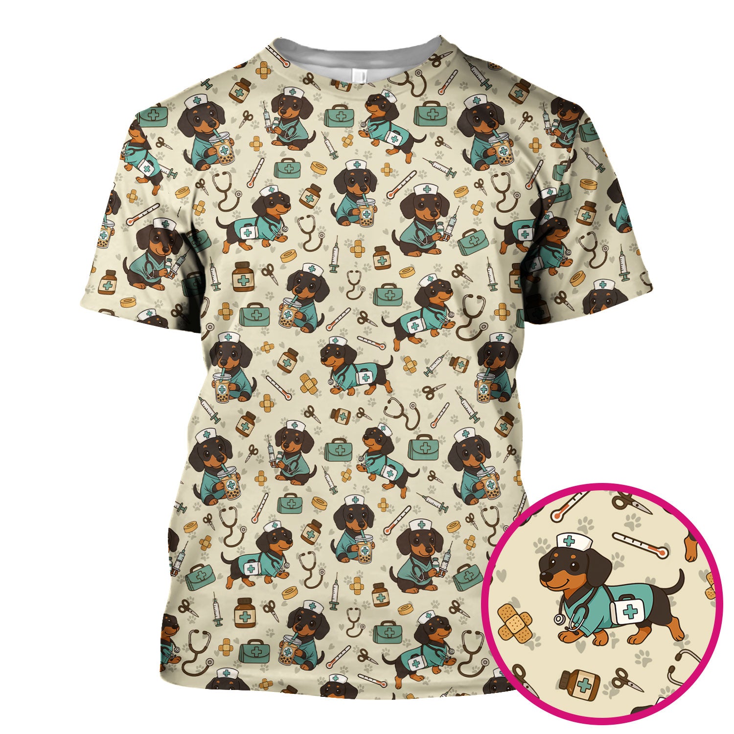 Funny Dachshund Nurse Scrubs - Cute Dog Print Medical Shirt - Holiday Nurse Scrub Top Gift for RN CNA Doctor, Women & Men