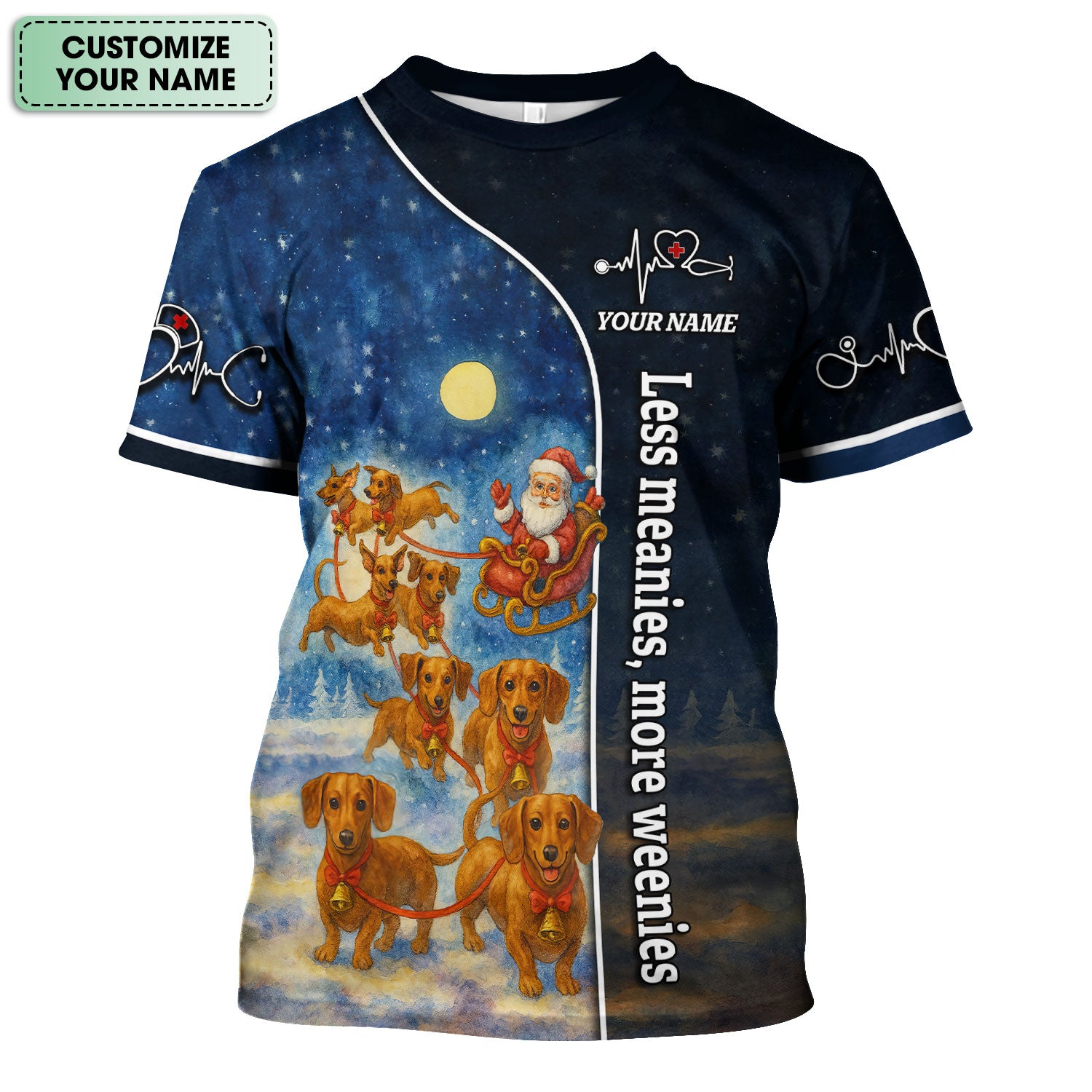 Christmas Dachshund Scrubs for Nurses - Funny Dog Scrub Top - Less Meanies More Weenies Custom Name Nursing Shirt