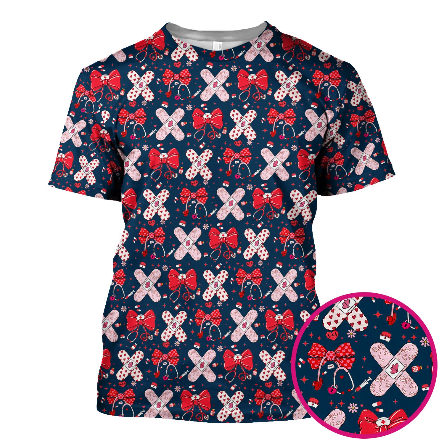 Valentine Nurse Scrub Top, Red Bow And Heart Bandage Pattern Medical Shirt, Breathable Fabrics Nursing Uniform