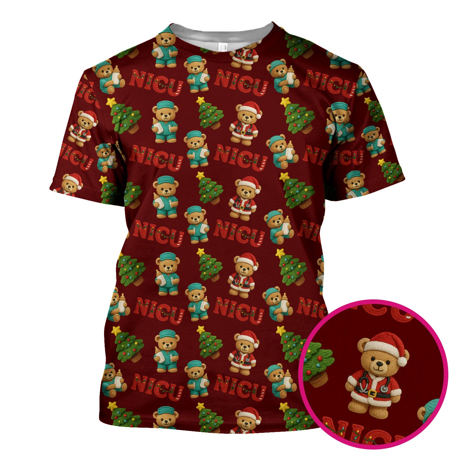 Festive Christmas NICU Nurse Teddy Bear Pattern, Breathable Fabrics Nursing Uniform