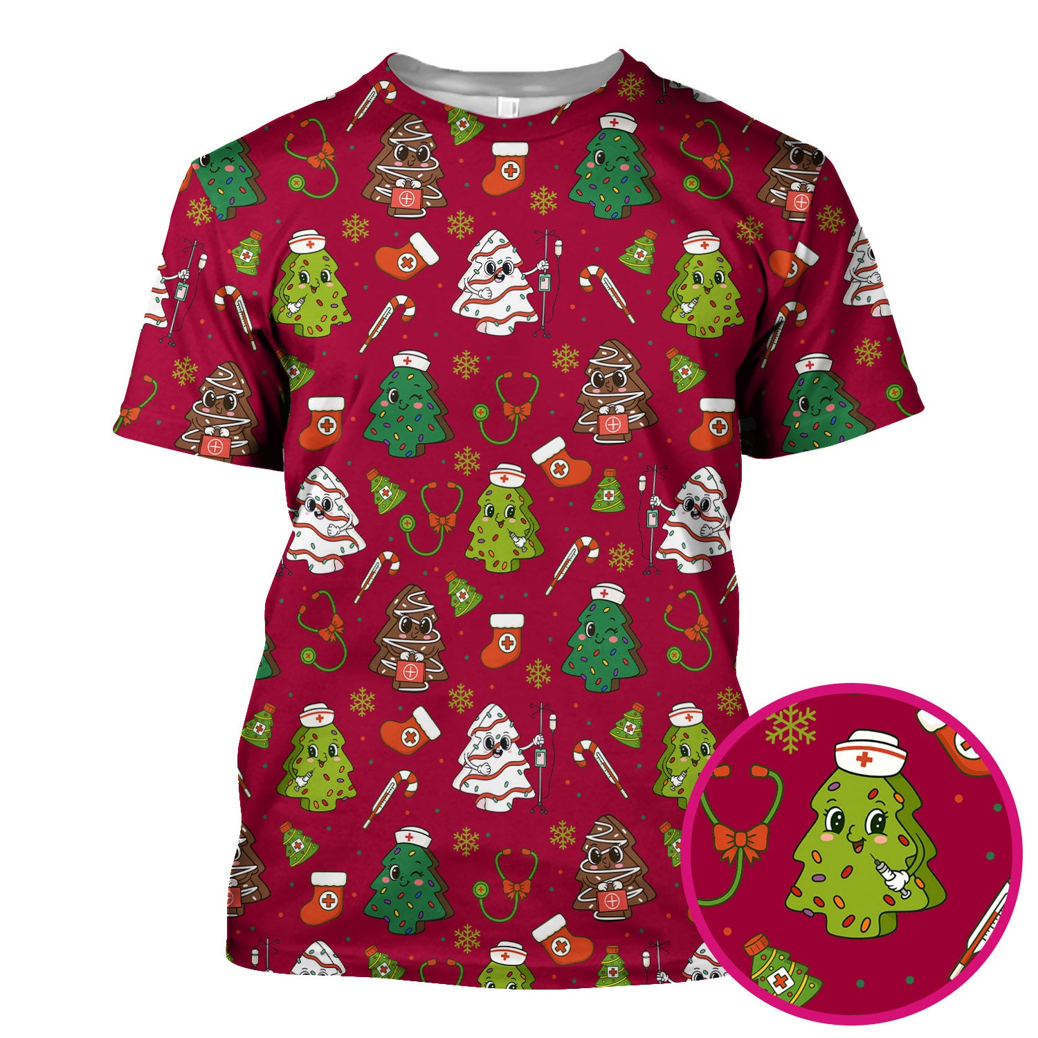 Funny Christmas Nurse Scrub Top - Adorable Tree Pattern Holiday Shirt - Cute Gift for Women RN LPN CNA