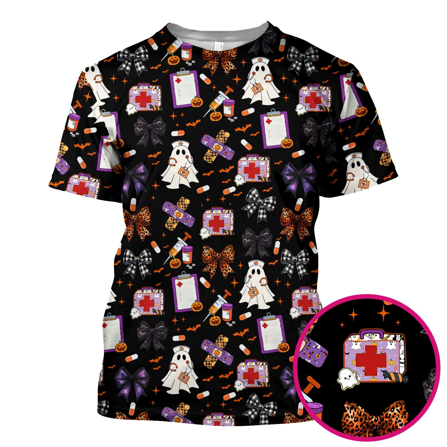 Halloween Nurse Scrub Top - Cute Ghost & Bow Medical Scrubs - Yellow Nursing Shirt with Colorful Halloween Print