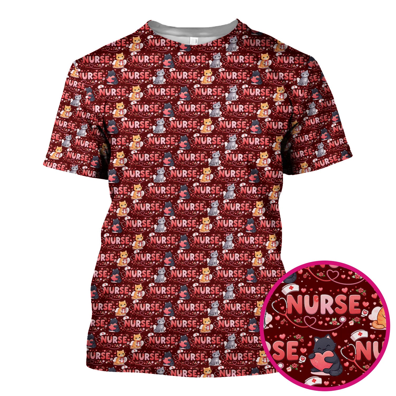 Nurse Cat Heart Pattern Valentine Scrub Top, Comfortable Scrubs for Nurses