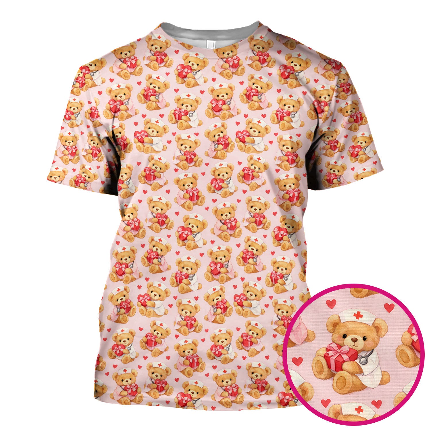 Valentine Teddy Pattern Scrub Top, Bear And Heart Medical Nurse Scrub Shirt, Breathable Fabrics Nursing Uniform