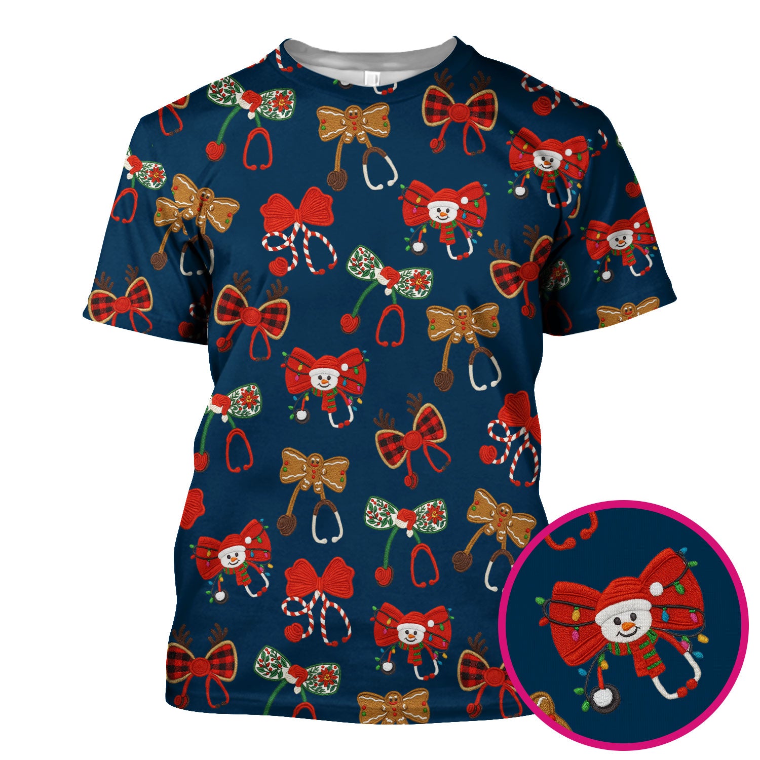Christmas Stethoscope Bow Nurse Scrub Top, Xmas Pattern Scrub Shirt, Holiday Nursing Uniform