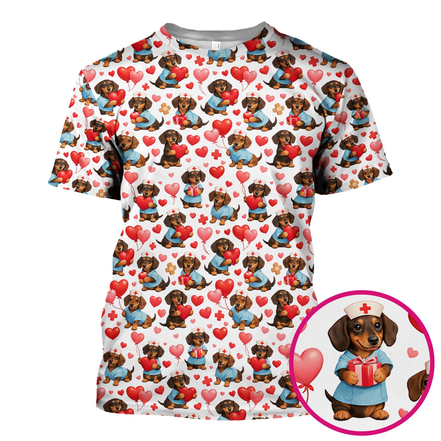 Dachshund Valentine Nurse Scrub Top, Cute  Wiener Dog Medical Pattern Shirt, Breathable Fabrics Nursing Uniform