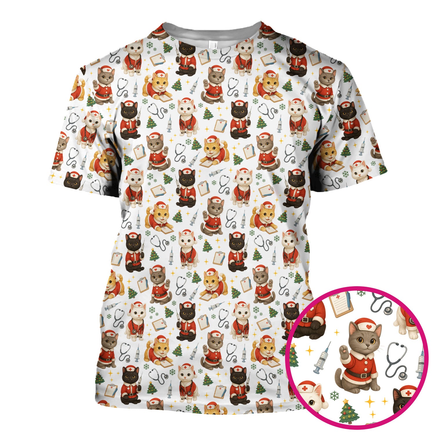 Funny Nurse Scrub Top for Women - Christmas Lucky Cat Design - Cute Holiday Nursing Shirt Gift for RN LPN CNA