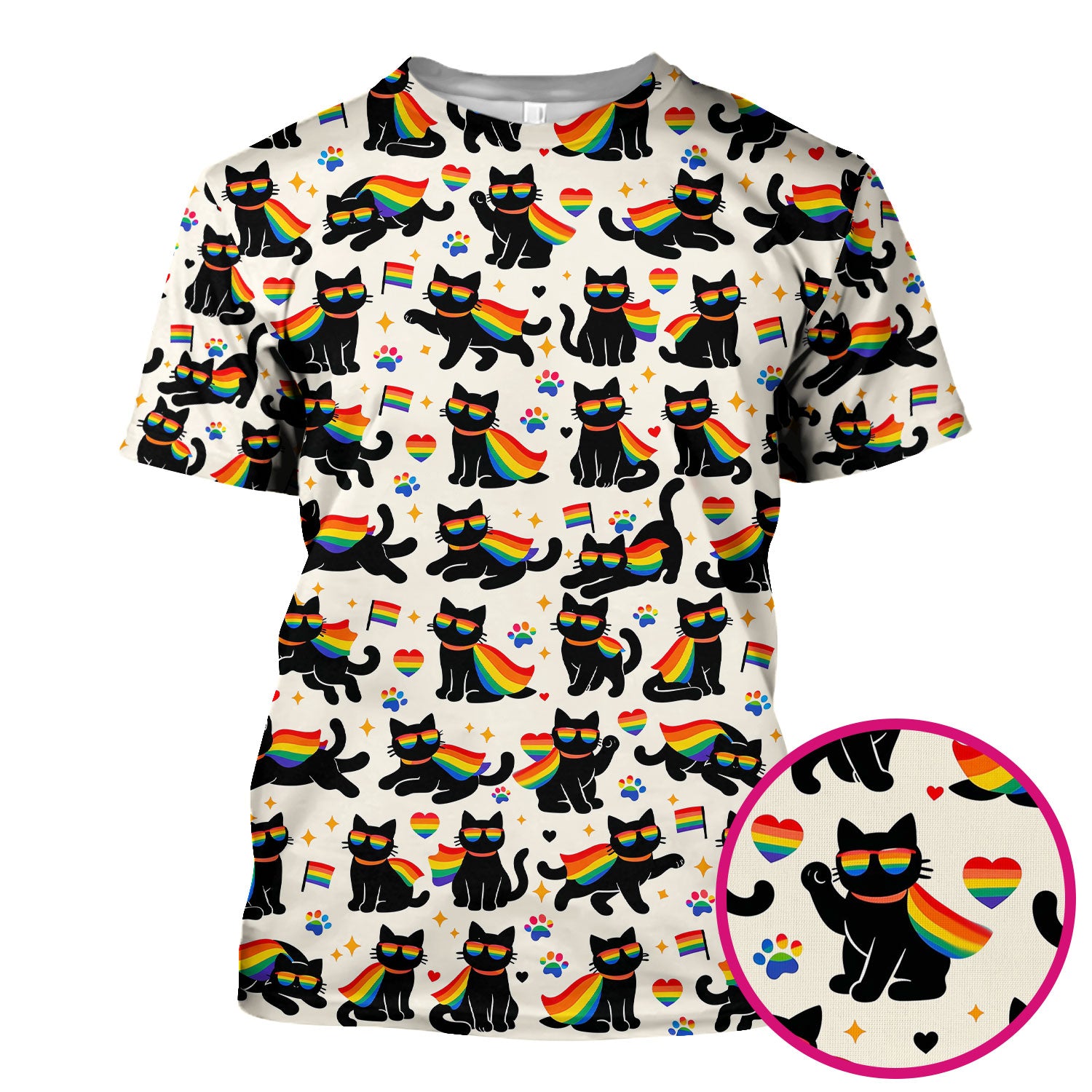 Rainbow Black Cat Pride Pattern Scrub Top, Breathable Fabrics Nursing Uniform
