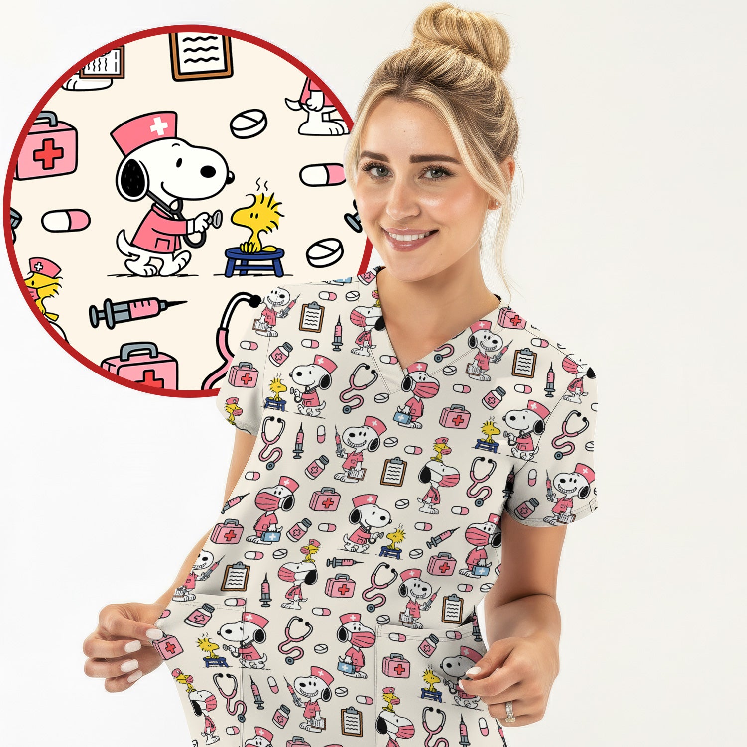 Snoopy Nurse Scrub Top for Women - Custom Medical Scrub Shirt Multi Colors - Cute Cartoon Nursing Work Shirt with Pockets