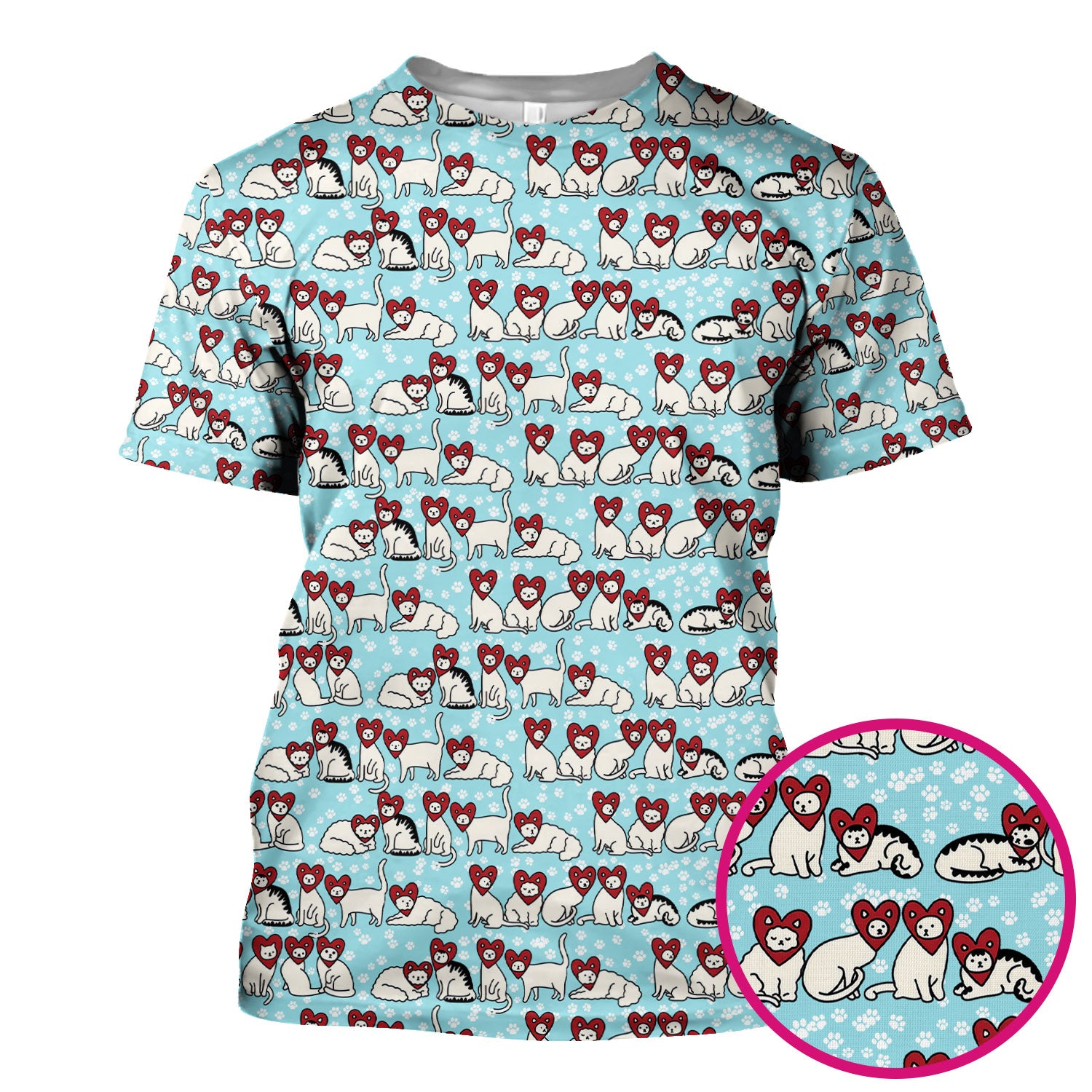 Cute Cat Heart Pattern Scrub Top, Funny Cat Scrub Shirt For Nurses, Breathable Fabrics Nursing Uniform