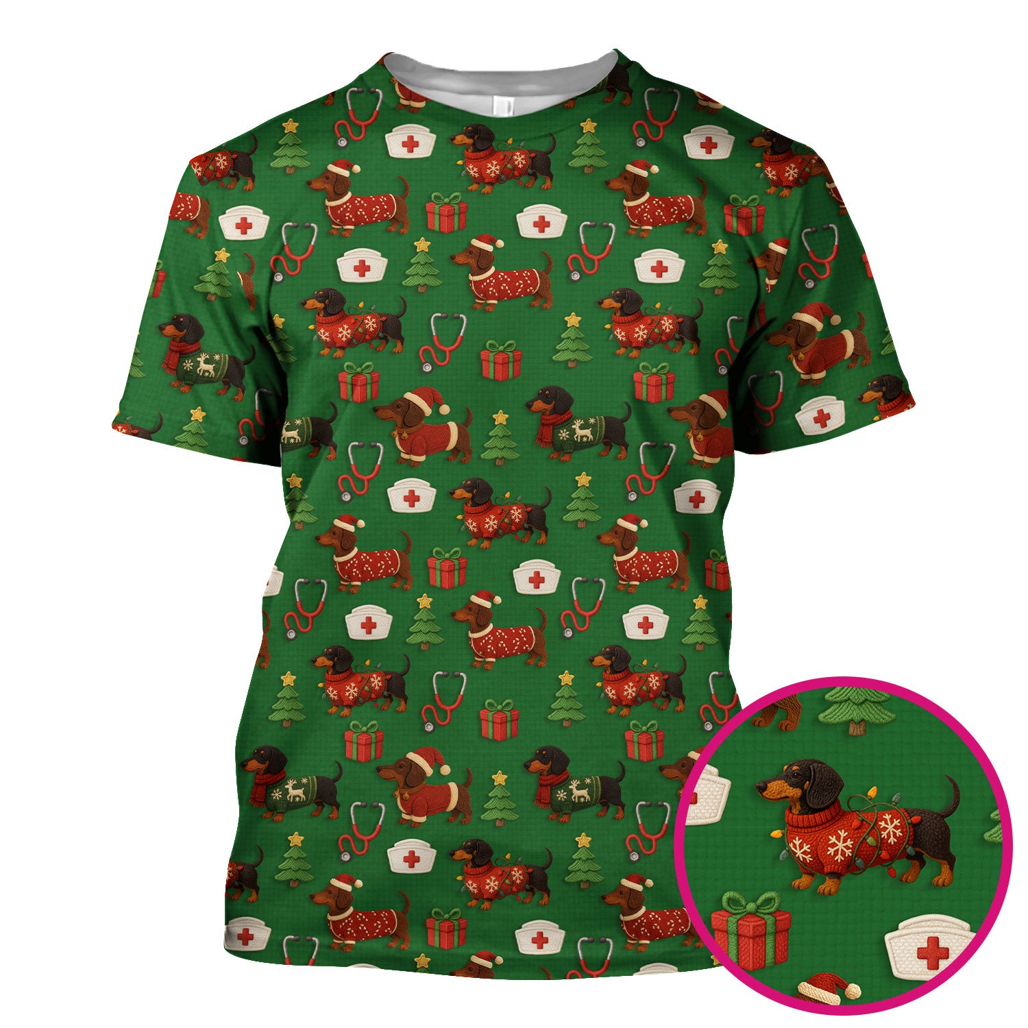 Custom Nurse Scrubs for Women - Dachshund Dog Christmas Print with Gifts & Holiday Tree - Multi Color Nursing Shirt Gift Idea