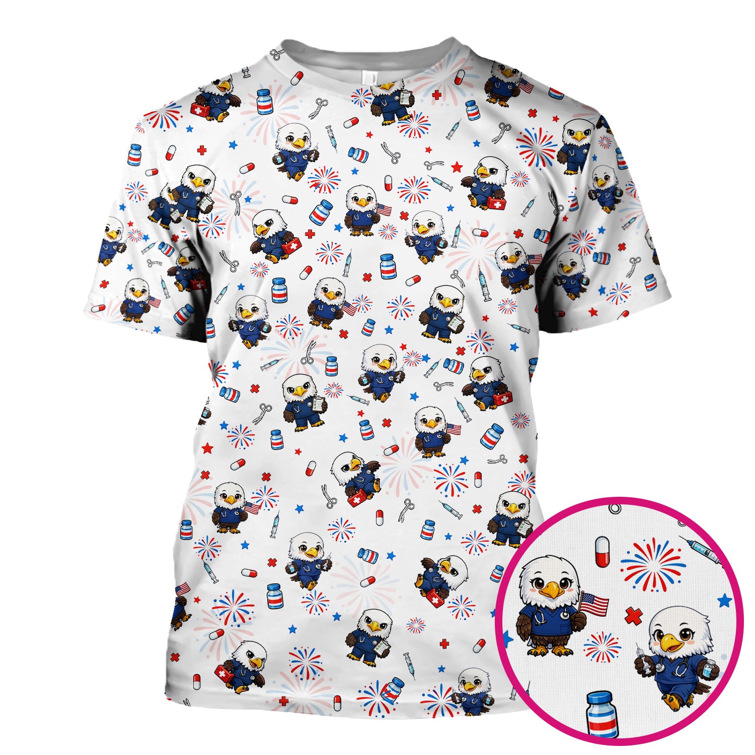 Patriotic Nurse Eagle Fireworks Medical Pattern Scrub Top, Breathable Fabrics Nursing Uniform