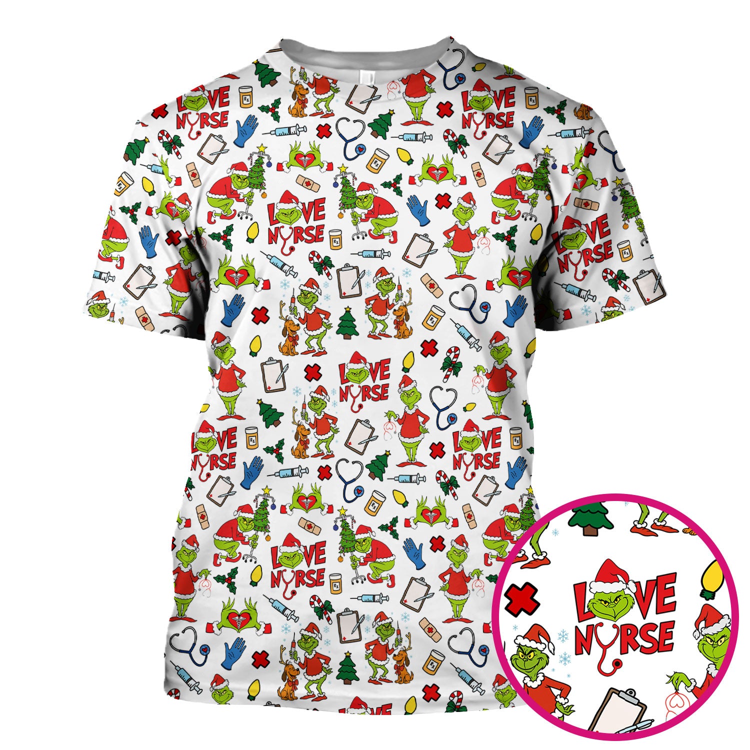 Funny Grinch Love Nurse Scrub Top - Multi Color Christmas Scrub Shirt - Cute Holiday Nursing Workwear with Pockets for Women
