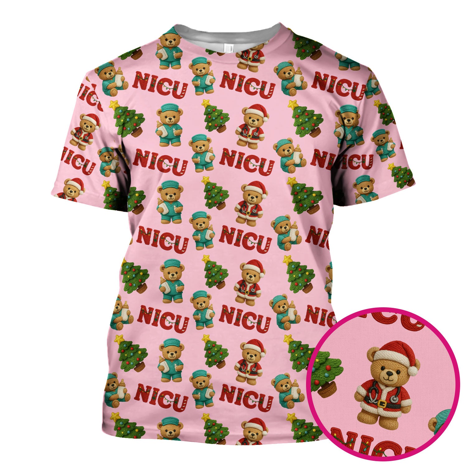 Festive Christmas NICU Nurse Teddy Bear Pattern, Breathable Fabrics Nursing Uniform