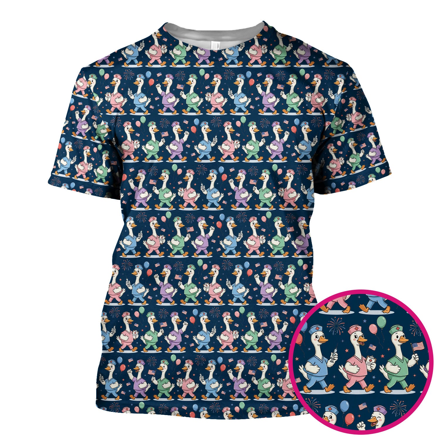 Cute Nurse Ducks Balloons Pattern Scrubs Top, Breathable Fabrics Nursing Uniform