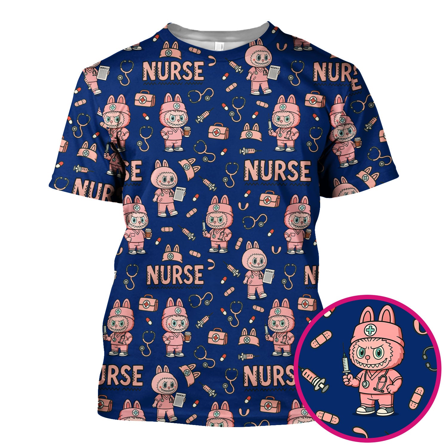 Bunny Cartoon Nurse Scrub Shirt  Cute Medical Top for Women CNA RN Doctor - Fun Scrubs Gift Idea for Nurses, Students, Holiday Season