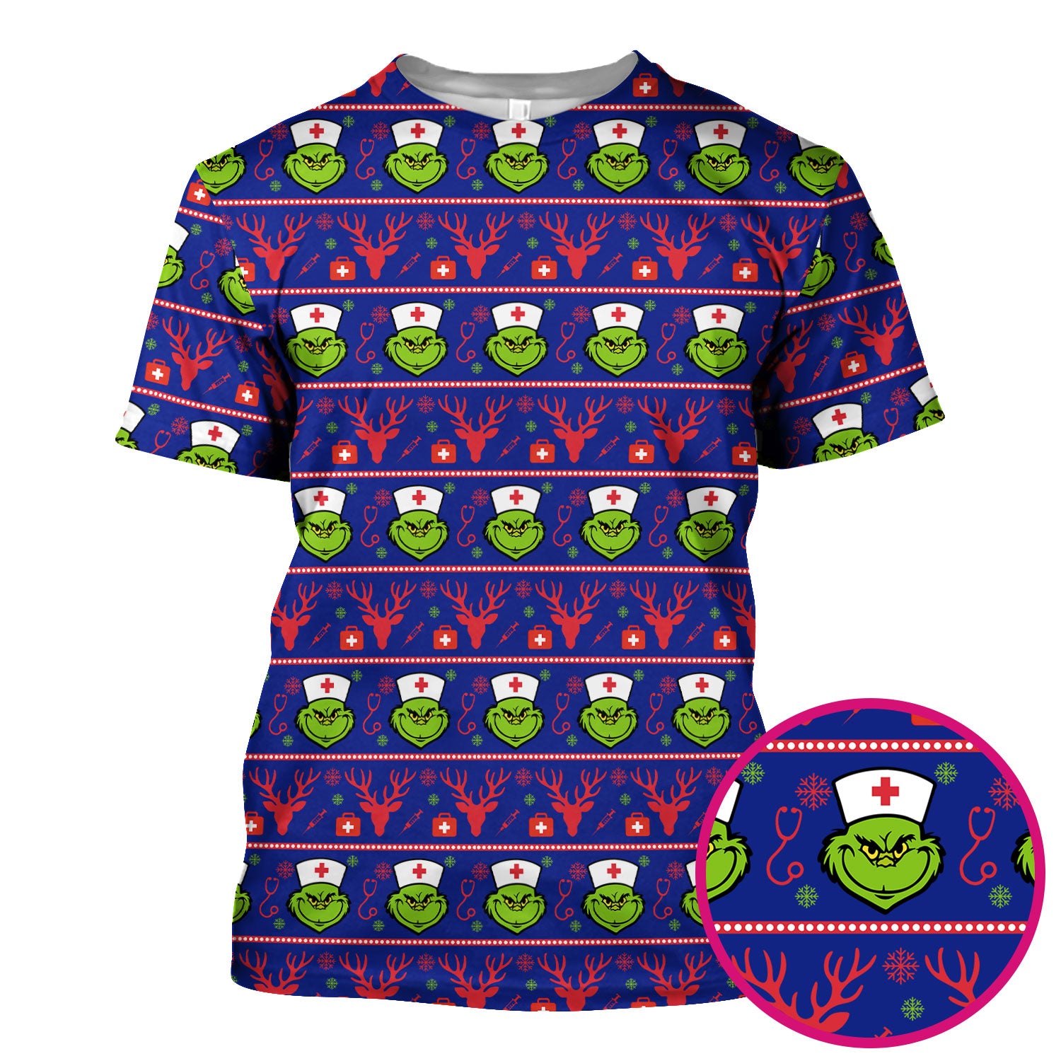 Grinch Nurse Ugly Christmas Scrub Top - Funny Holiday Nursing Scrubs Shirt - Cute Medical Workwear for Women with Festive Pattern