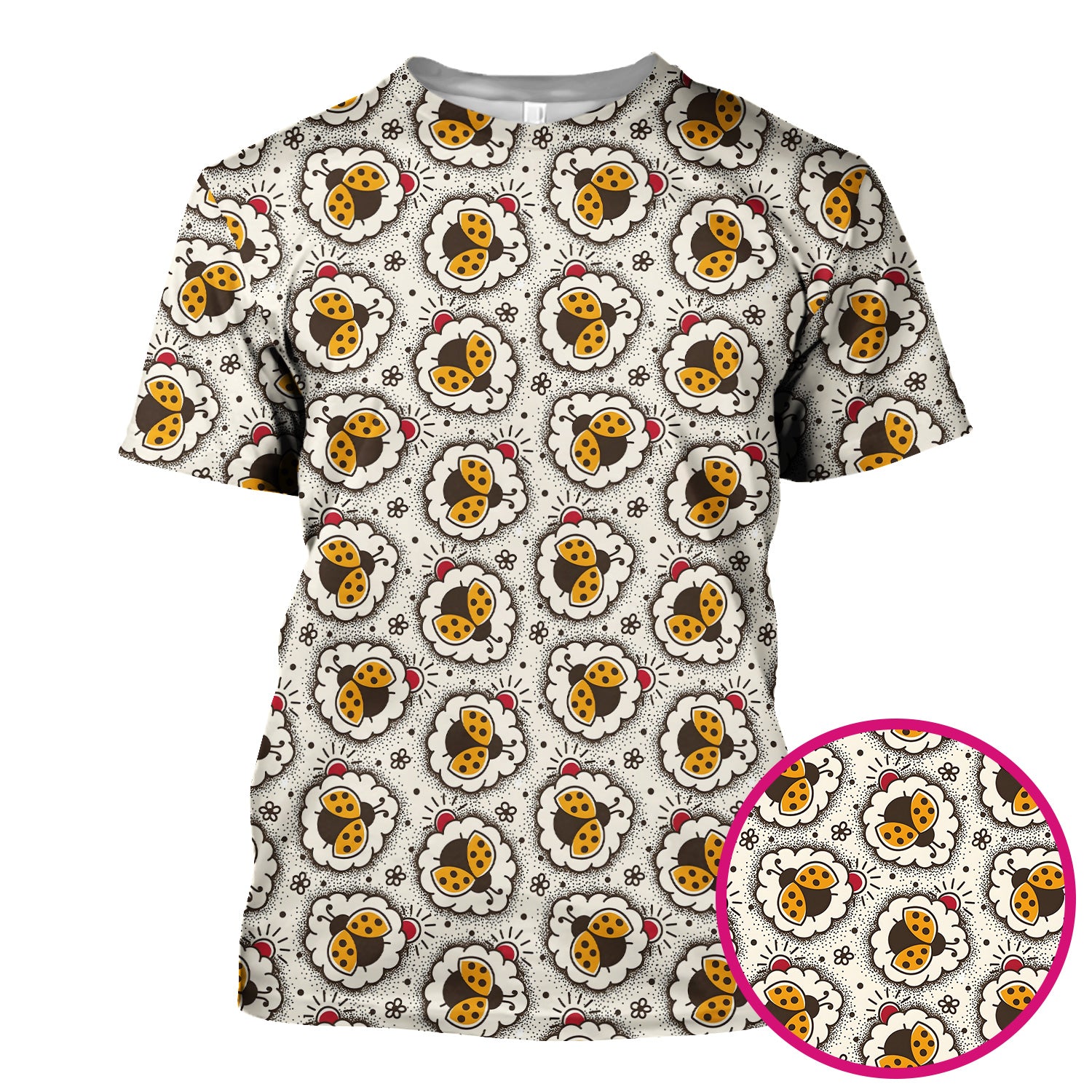 Cute Ladybug in Floral Frame Pattern Scrub Top, Breathable Fabrics Nursing Uniform