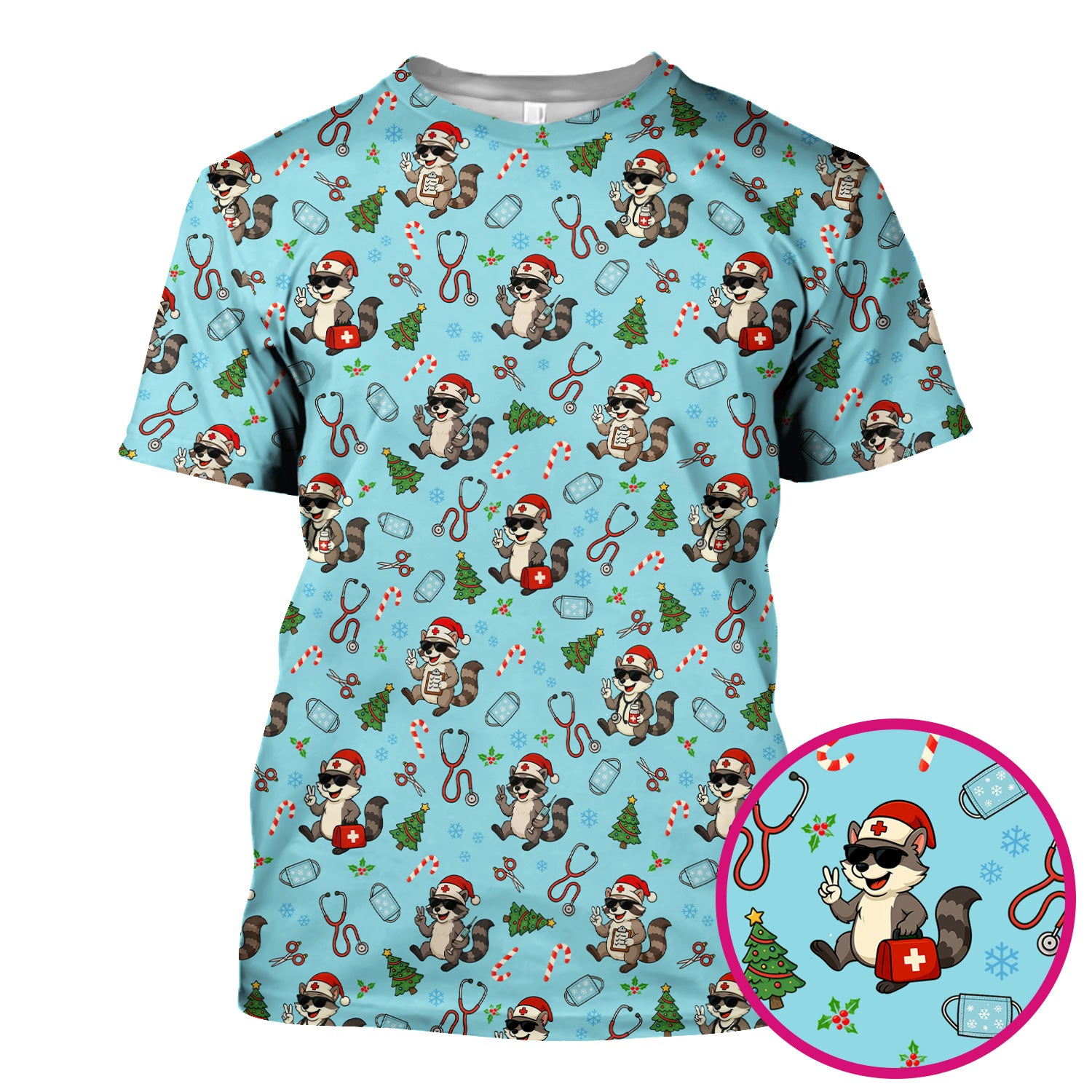 Christmas Scrub Top for Nurses - Funny Raccoon and Medical Tools Pattern - Festive Holiday Nurse Scrubs Shirt Gift for Women RN LPN CNA